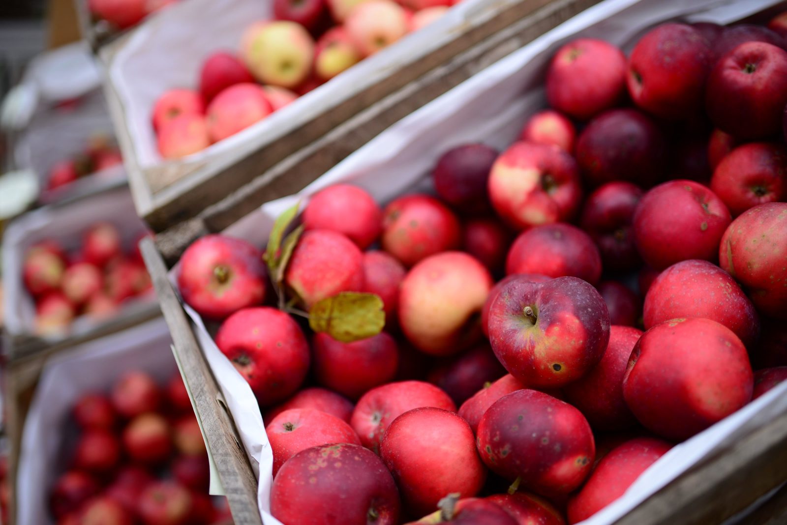 A market crate of red apples, each one segmented in its own colour